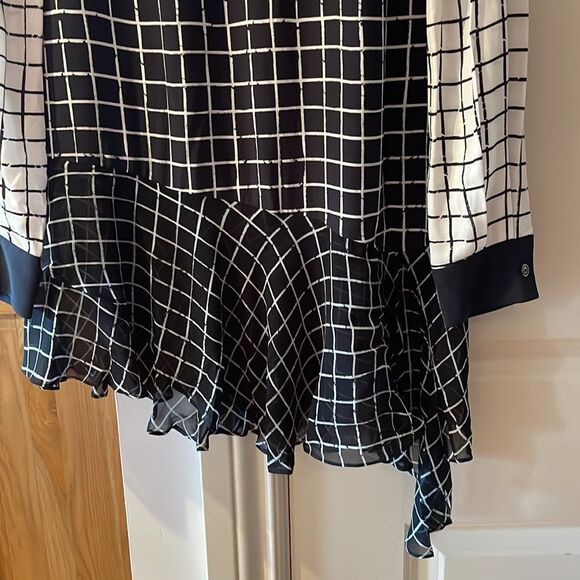 Preen line high ruffle neck asymmetrical hem grid print blouse small - Picture 6 of 9